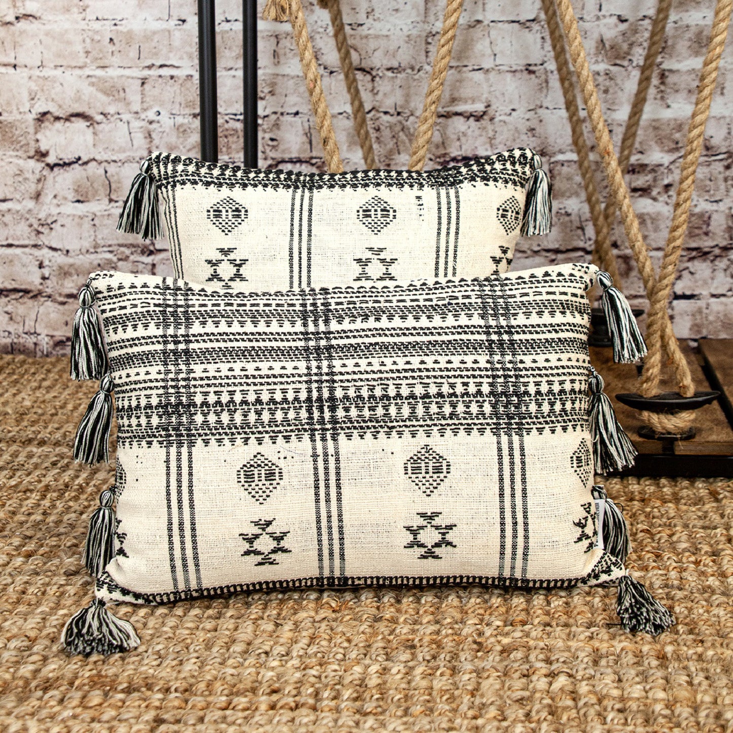 Beige & Black Southwestern Cotton Pillow w/ Tassels