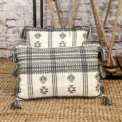 Beige & Black Southwestern Cotton Pillow w/ Tassels