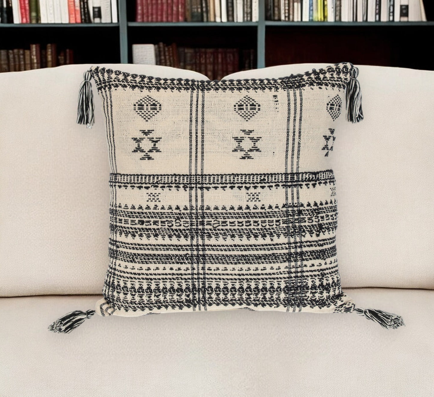 Beige & Black Southwestern Cotton Pillow w/ Tassels