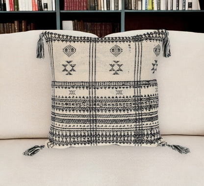 Beige & Black Southwestern Cotton Pillow w/ Tassels