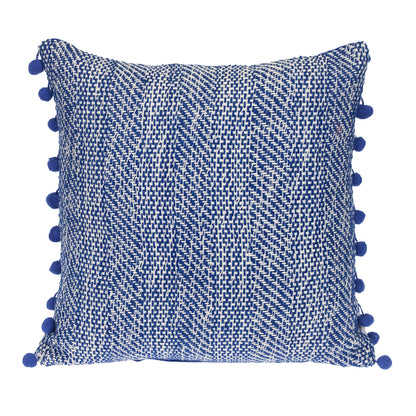 Blue & White Weave Cotton Pillow w/ Pom Poms