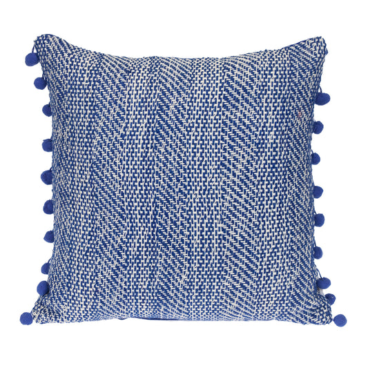 Blue & White Weave Cotton Pillow w/ Pom Poms