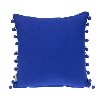Blue & White Weave Cotton Pillow w/ Pom Poms