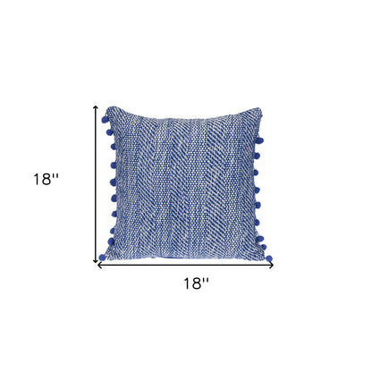 Blue & White Weave Cotton Pillow w/ Pom Poms