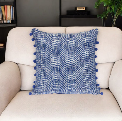 Blue & White Weave Cotton Pillow w/ Pom Poms