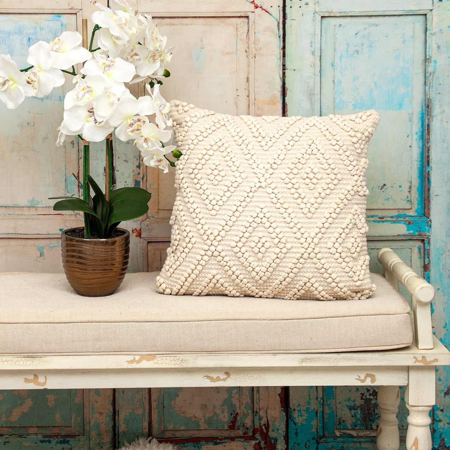 Off White Geometric Cotton Pillow