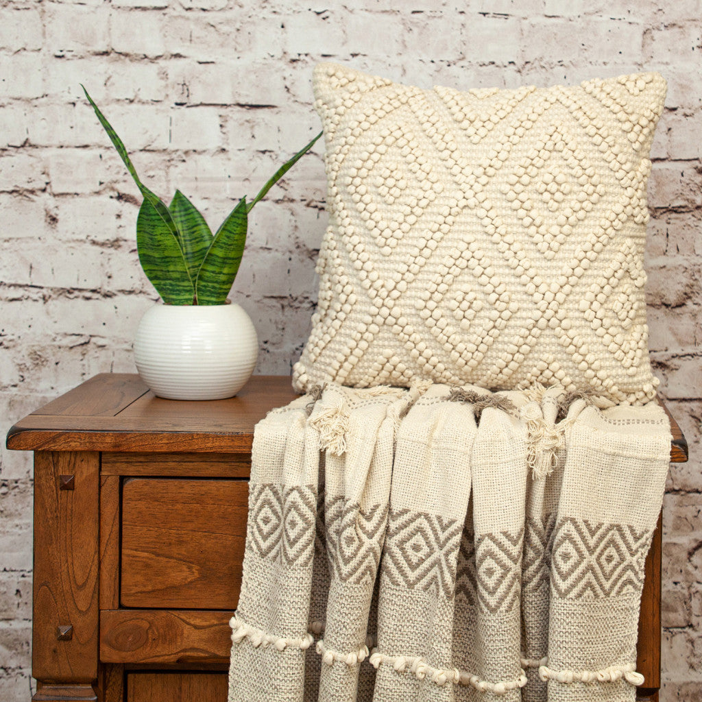 Off White Geometric Cotton Pillow