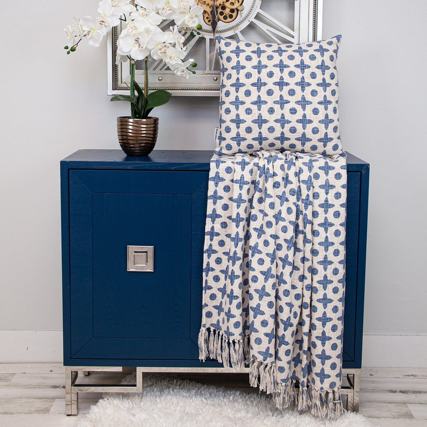 Beige & Blue Geometric Cotton Pillow