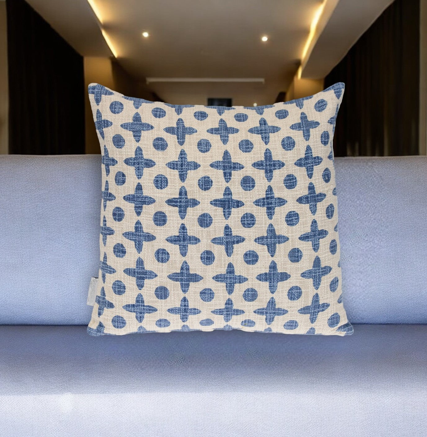 Beige & Blue Geometric Cotton Pillow
