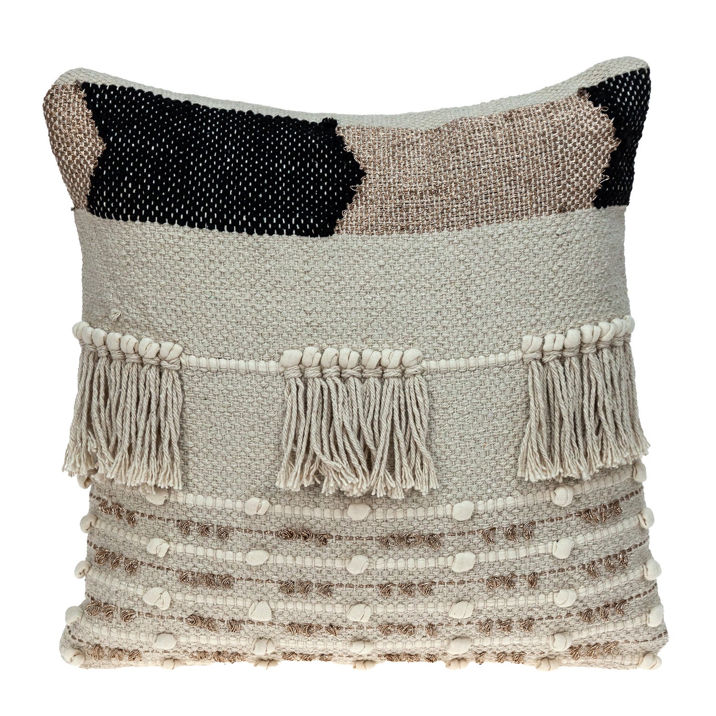Beige & Gold Striped Cotton Blend Pillow w/ Fringe