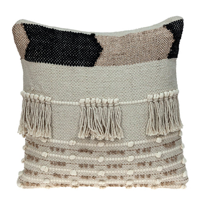 Beige & Gold Striped Cotton Blend Pillow w/ Fringe