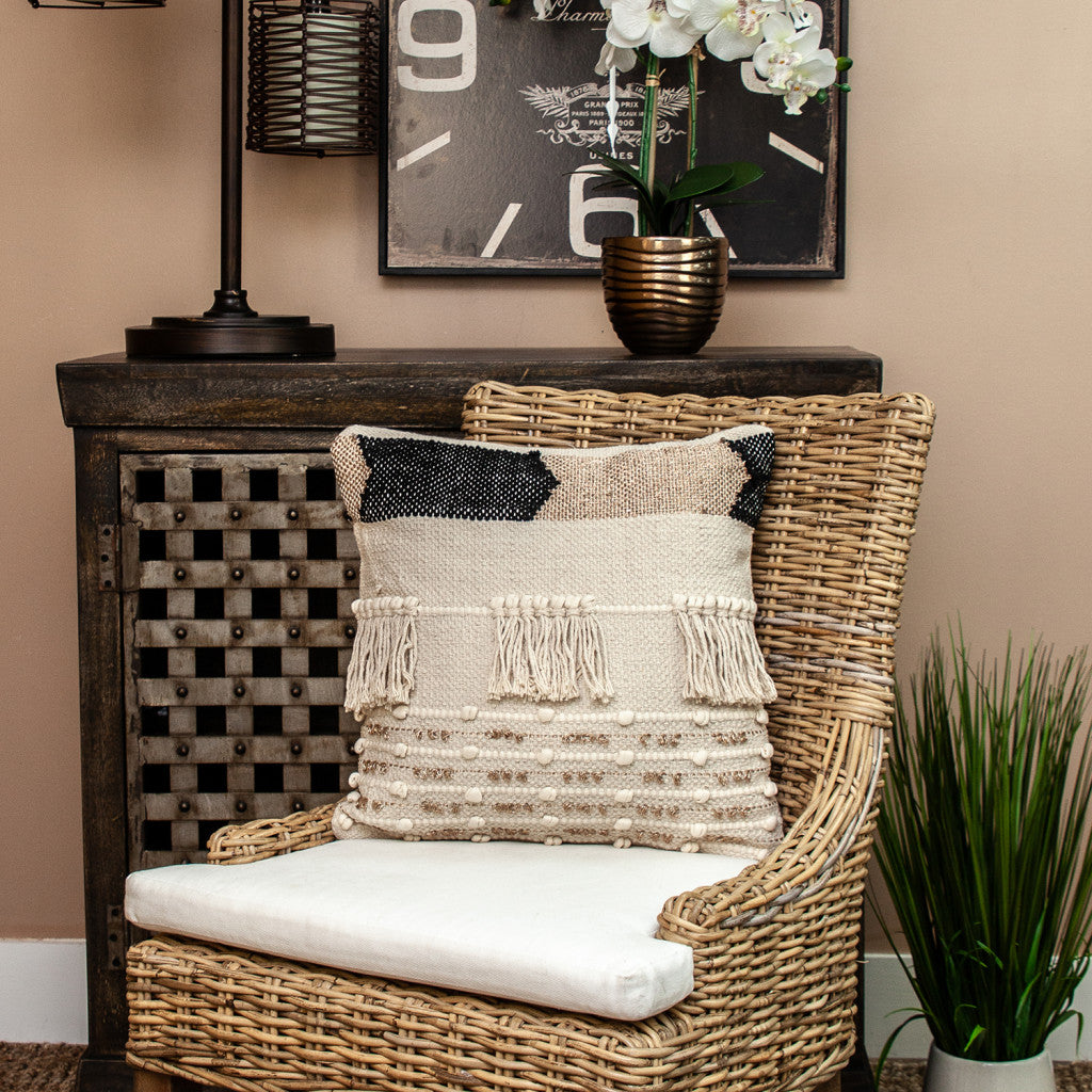 Beige & Gold Striped Cotton Blend Pillow w/ Fringe