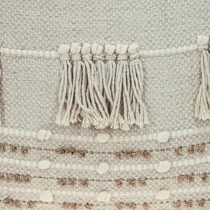 Beige & Gold Striped Cotton Blend Pillow w/ Fringe