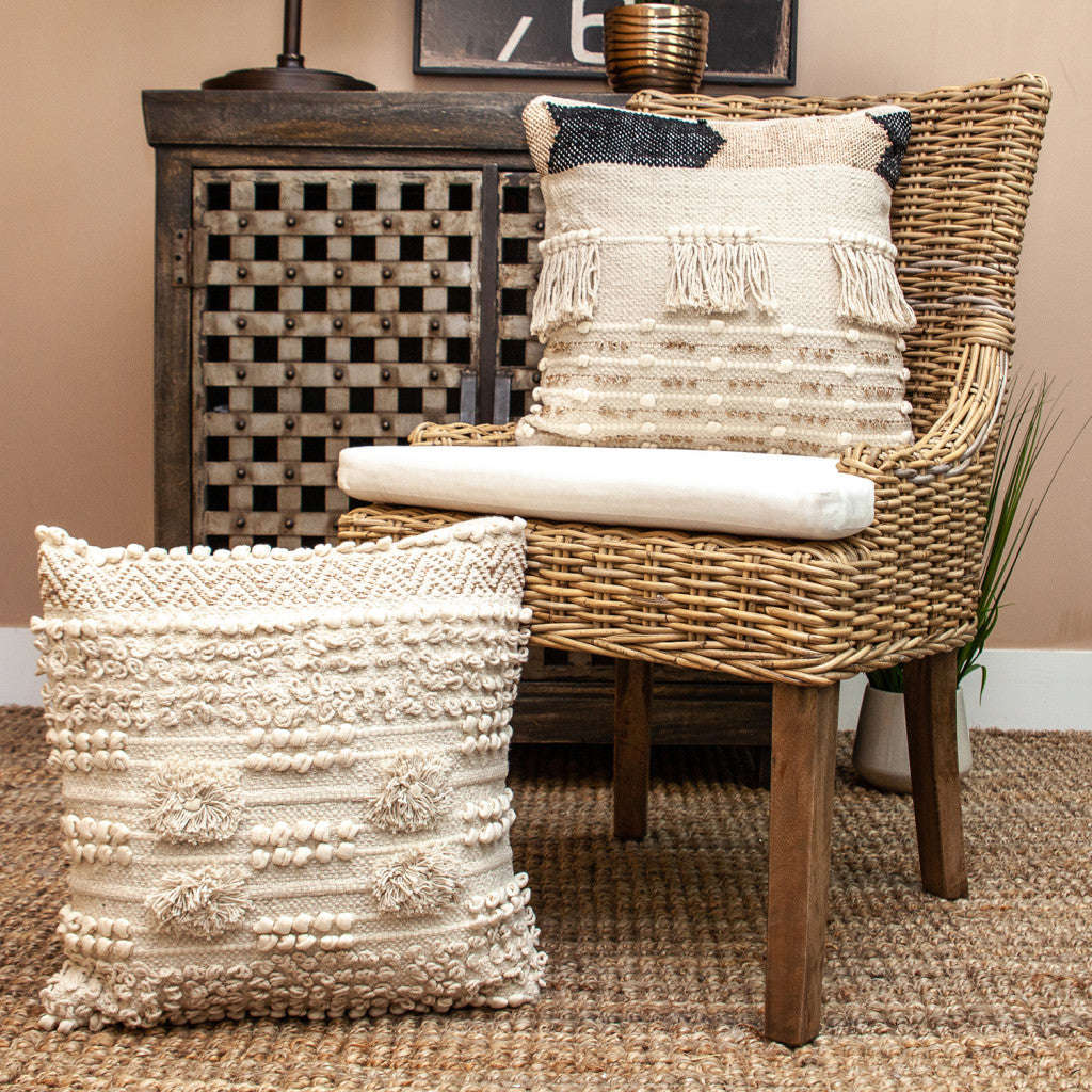Beige & Gold Striped Cotton Blend Pillow w/ Fringe