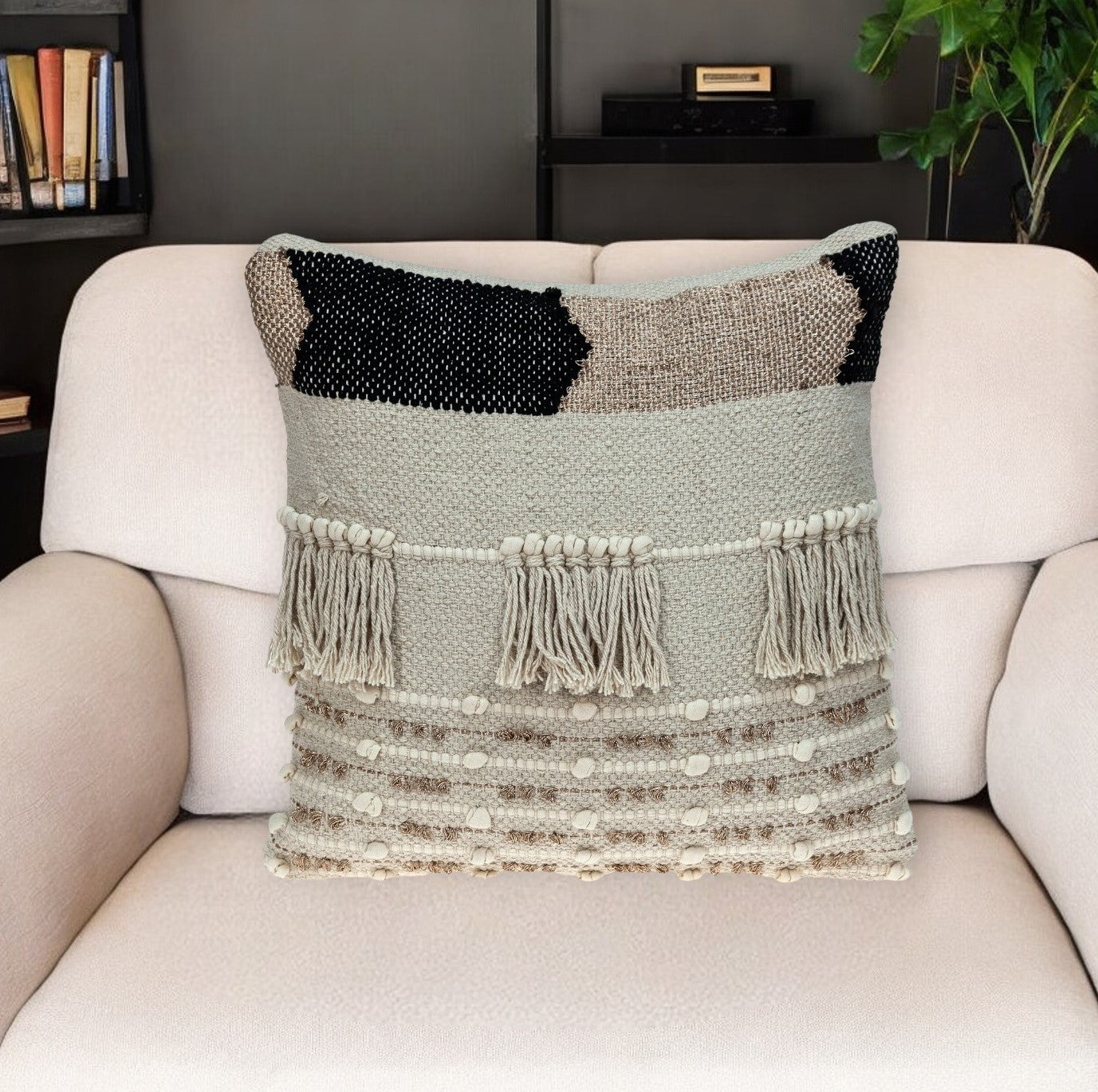 Beige & Gold Striped Cotton Blend Pillow w/ Fringe
