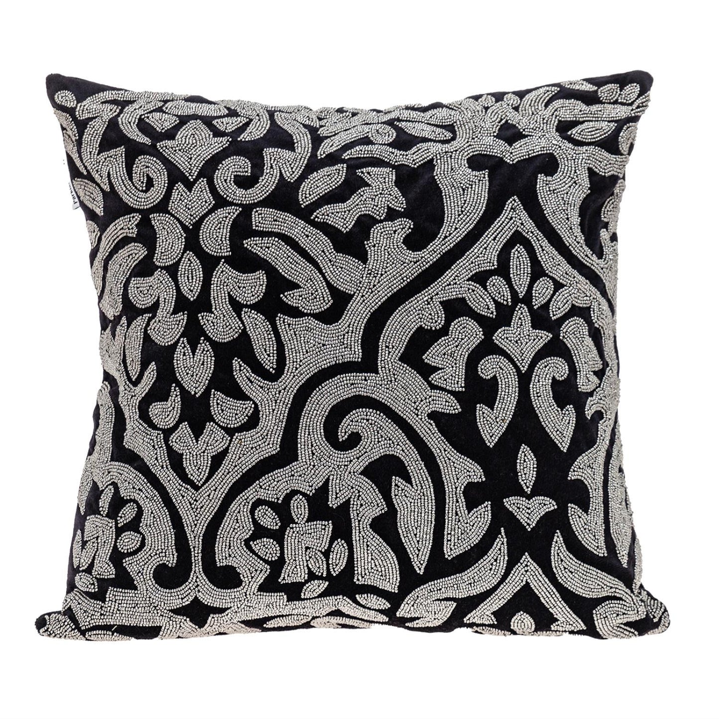 Black & Silver Damask Velvet Pillow w/ Beads