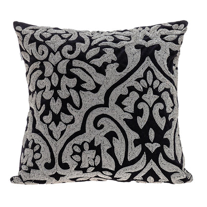 Black & Silver Damask Velvet Pillow w/ Beads