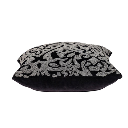 Black & Silver Damask Velvet Pillow w/ Beads