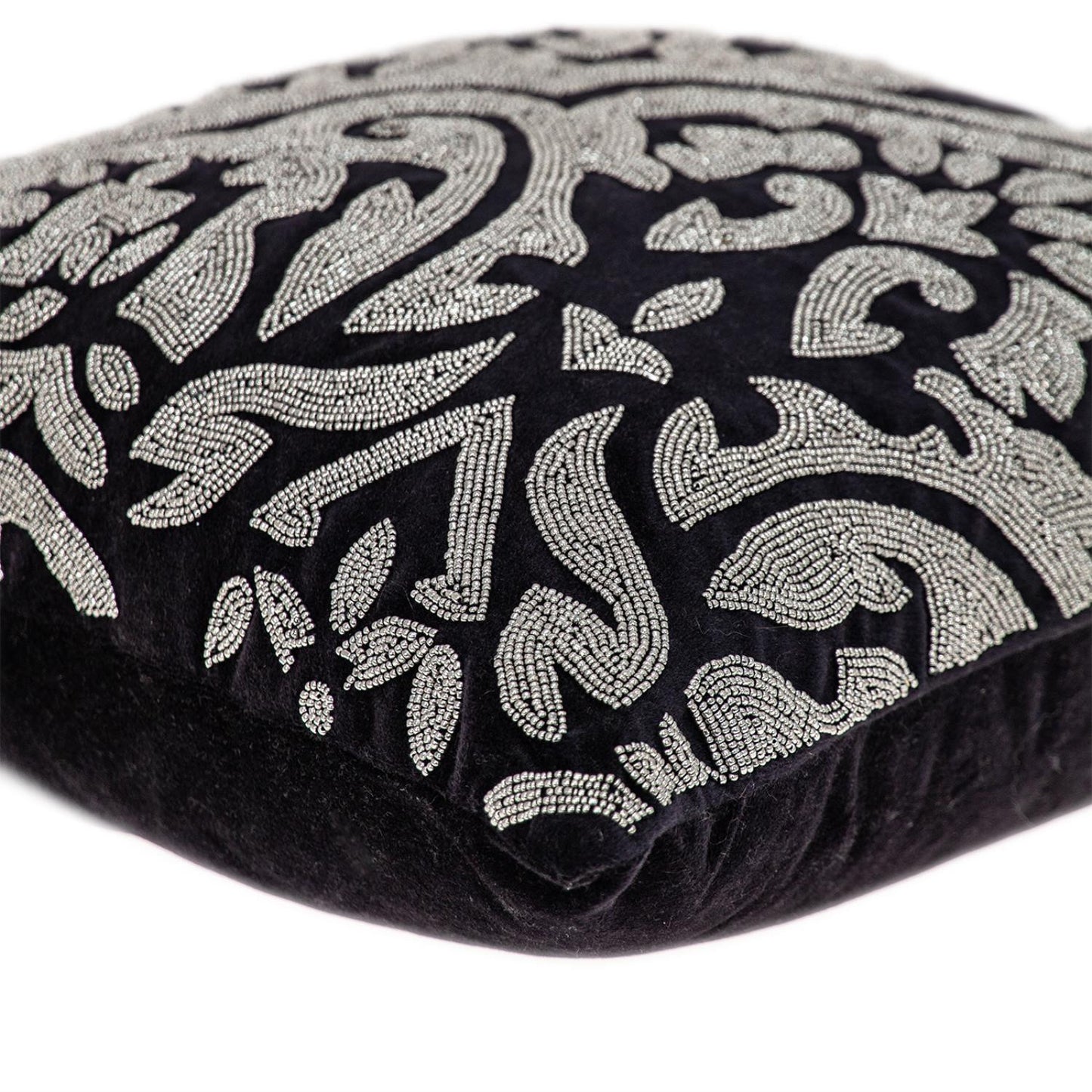 Black & Silver Damask Velvet Pillow w/ Beads