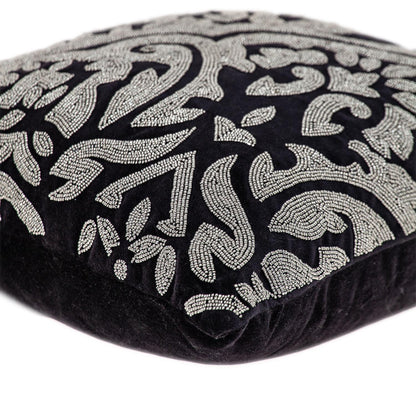 Black & Silver Damask Velvet Pillow w/ Beads