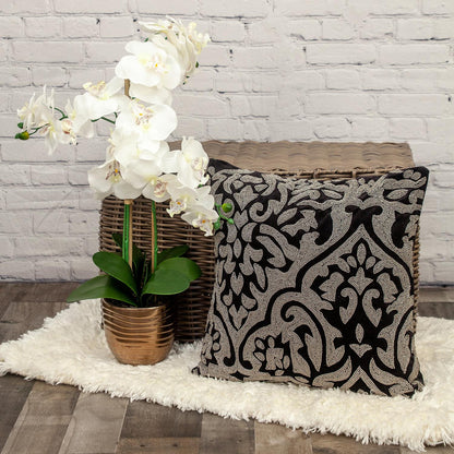 Black & Silver Damask Velvet Pillow w/ Beads
