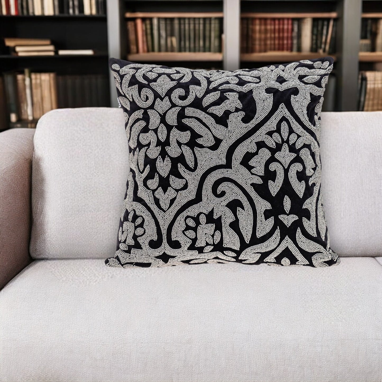 Black & Silver Damask Velvet Pillow w/ Beads