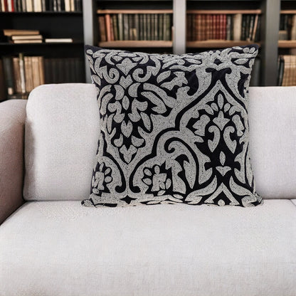 Black & Silver Damask Velvet Pillow w/ Beads