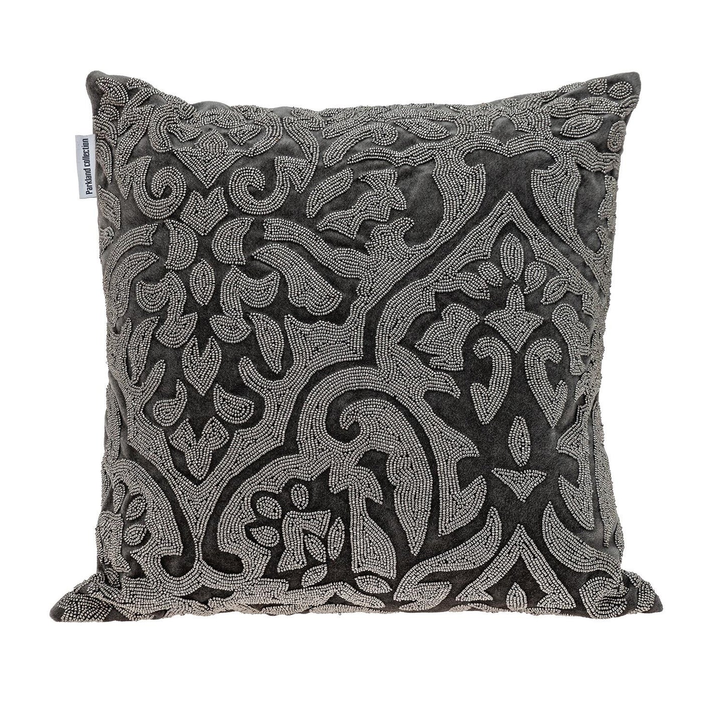 Gray & Silver Damask Velvet Pillow w/ Beads