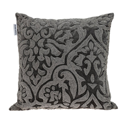 Gray & Silver Damask Velvet Pillow w/ Beads