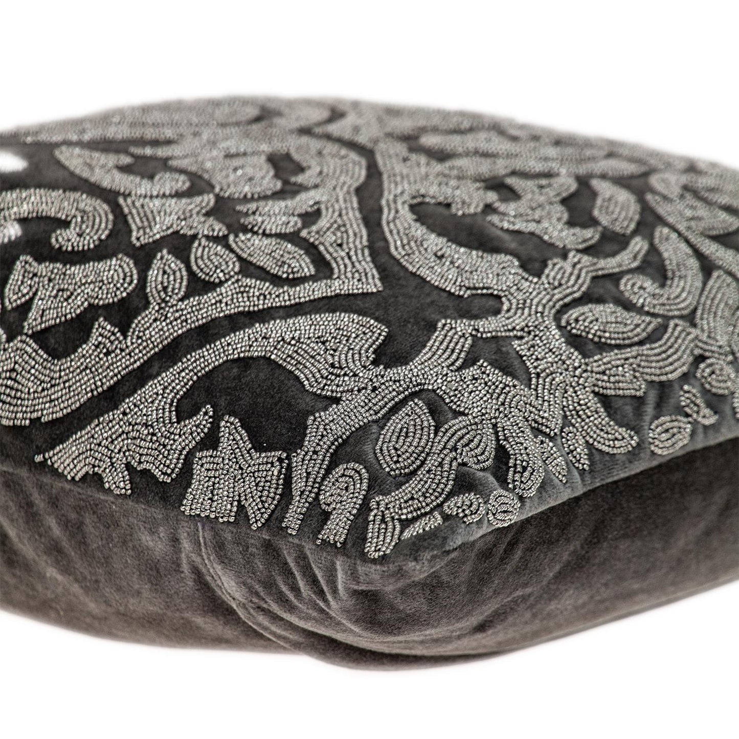 Gray & Silver Damask Velvet Pillow w/ Beads