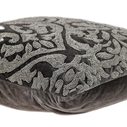 Gray & Silver Damask Velvet Pillow w/ Beads