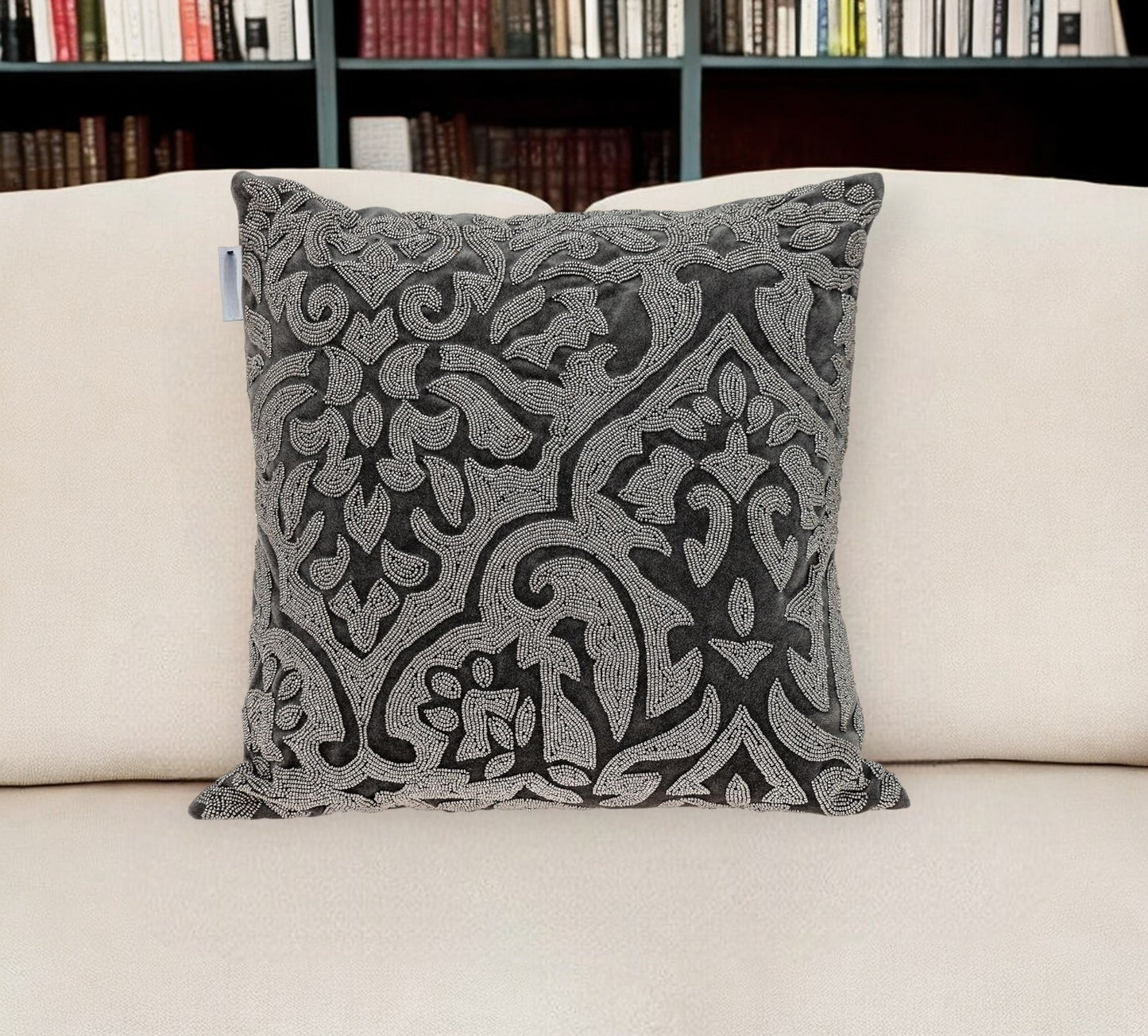 Gray & Silver Damask Velvet Pillow w/ Beads