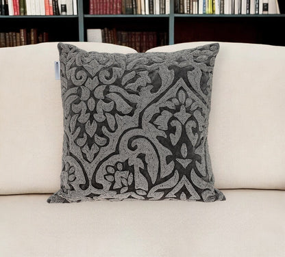 Gray & Silver Damask Velvet Pillow w/ Beads