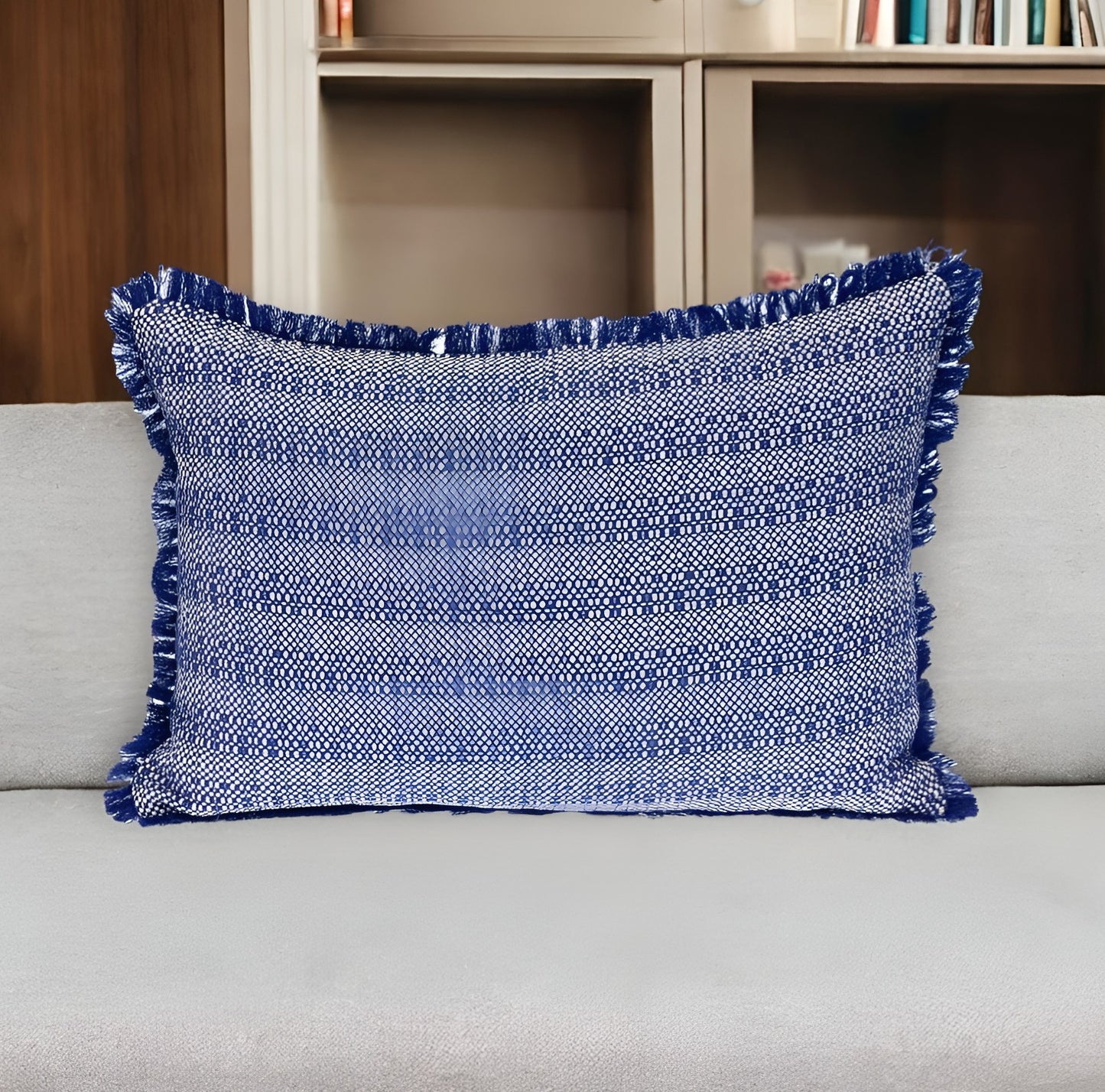 Blue & White Striped Cotton Pillow w/ Fringe