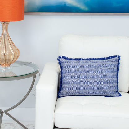 Blue & White Striped Cotton Pillow w/ Fringe