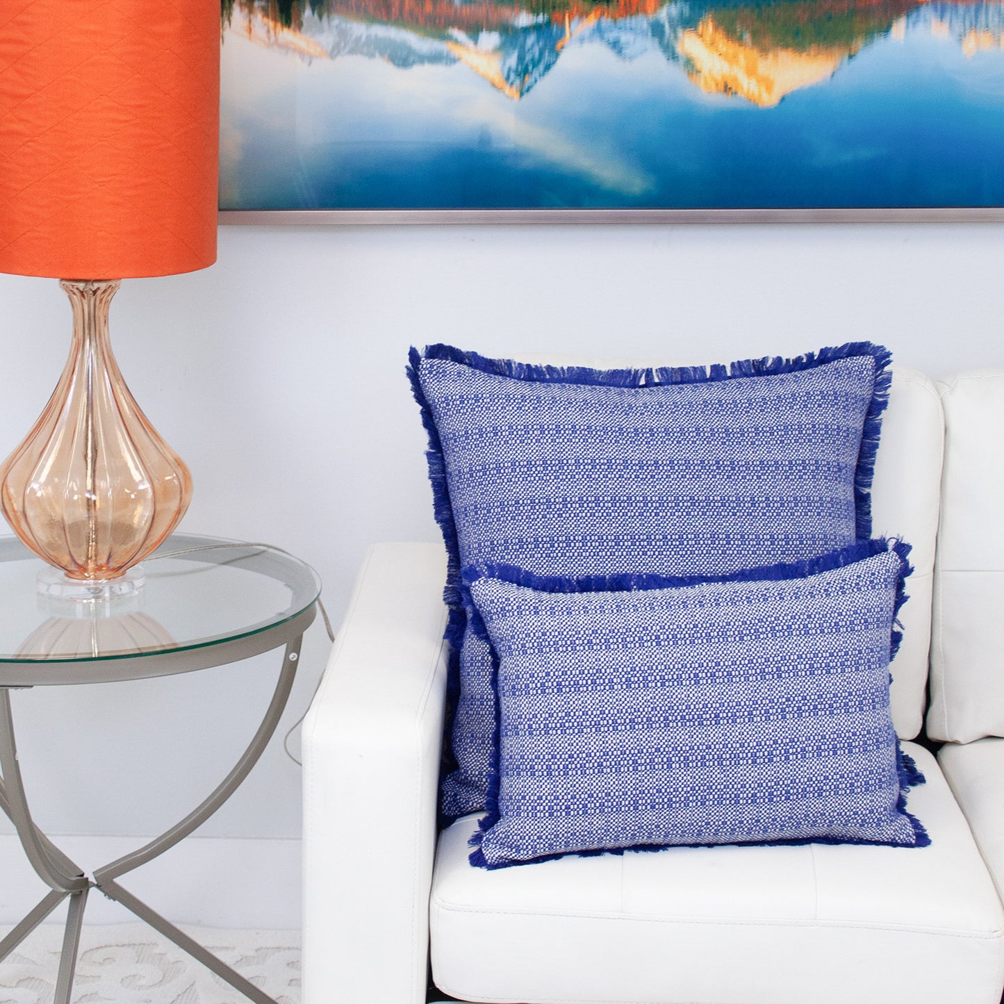 Blue & White Striped Cotton Pillow w/ Fringe