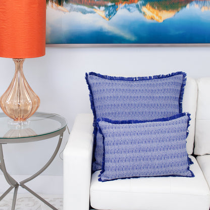 Blue & White Striped Cotton Pillow w/ Fringe