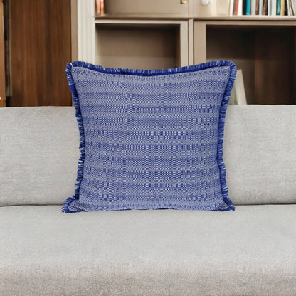 Blue & White Striped Cotton Pillow w/ Fringe