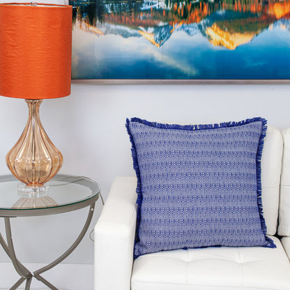 Blue & White Striped Cotton Pillow w/ Fringe