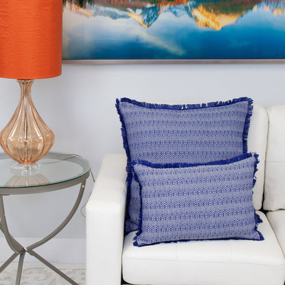 Blue & White Striped Cotton Pillow w/ Fringe
