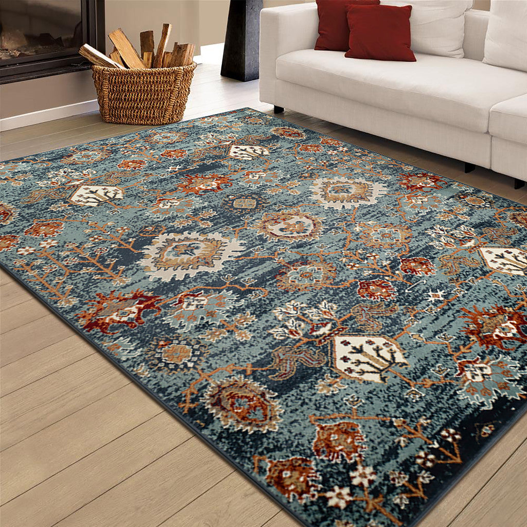 8 x 10 Teal Rust & Orange Oriental Power Loom Rug