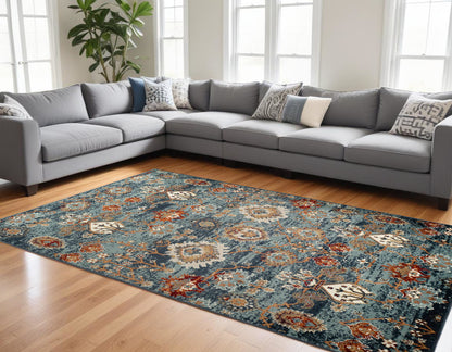 8 x 10 Teal Rust & Orange Oriental Power Loom Rug