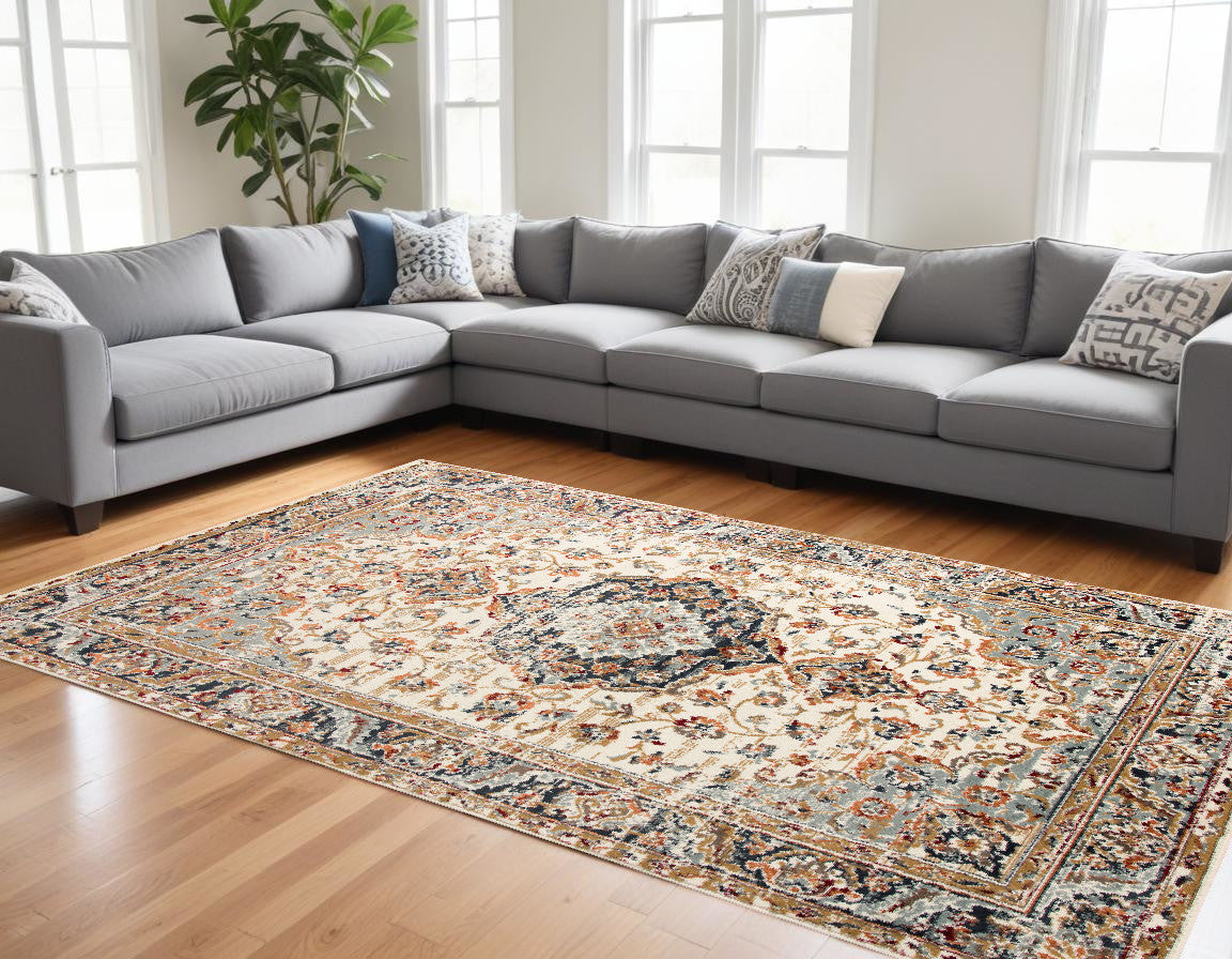 8 x 10 Ivory Navy & Orange Medallion Power Loom Rug