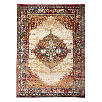 8 x 10 Ivory Red & Orange Medallion Power Loom Rug
