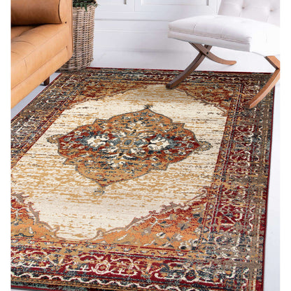 8 x 10 Ivory Red & Orange Medallion Power Loom Rug