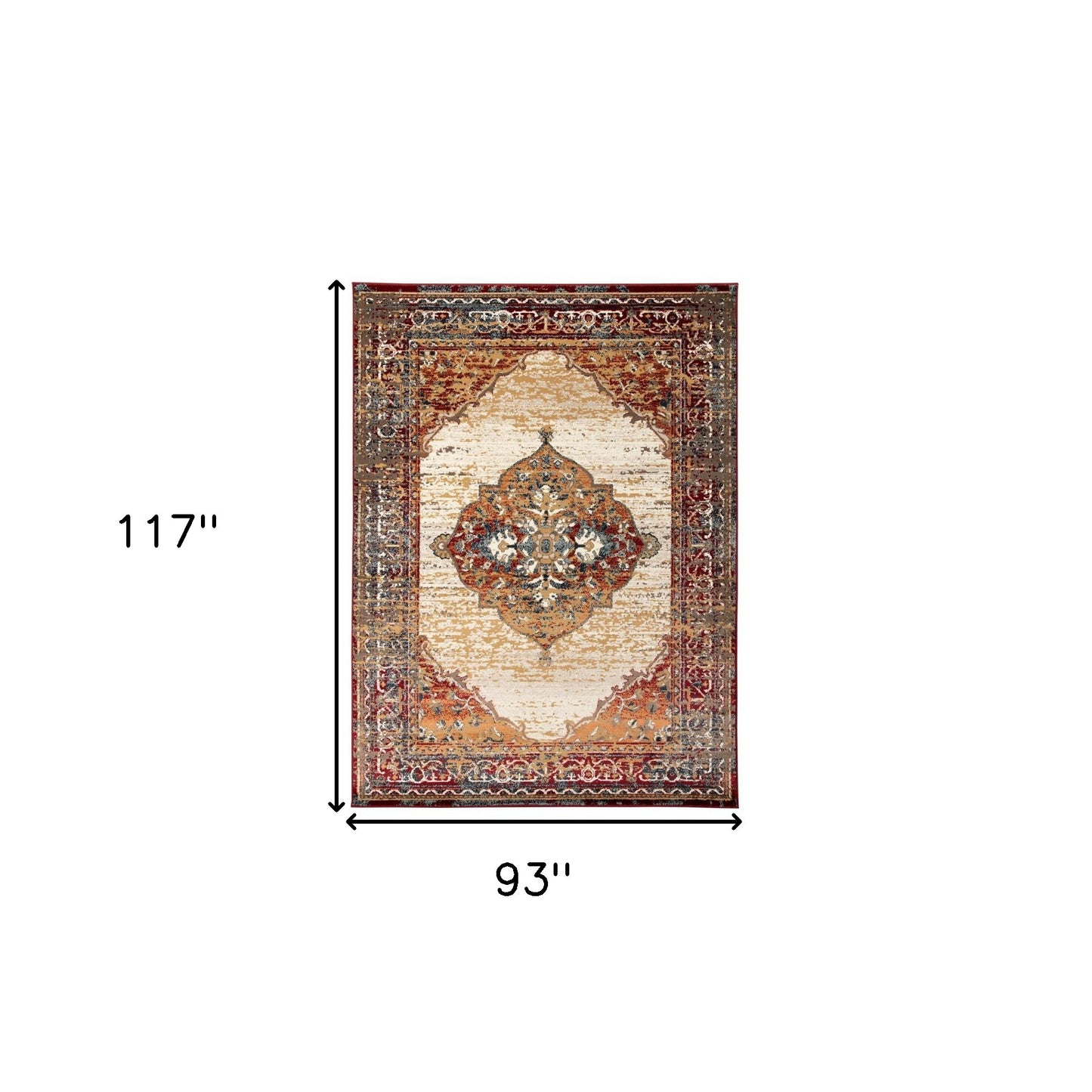 8 x 10 Ivory Red & Orange Medallion Power Loom Rug
