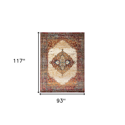 8 x 10 Ivory Red & Orange Medallion Power Loom Rug