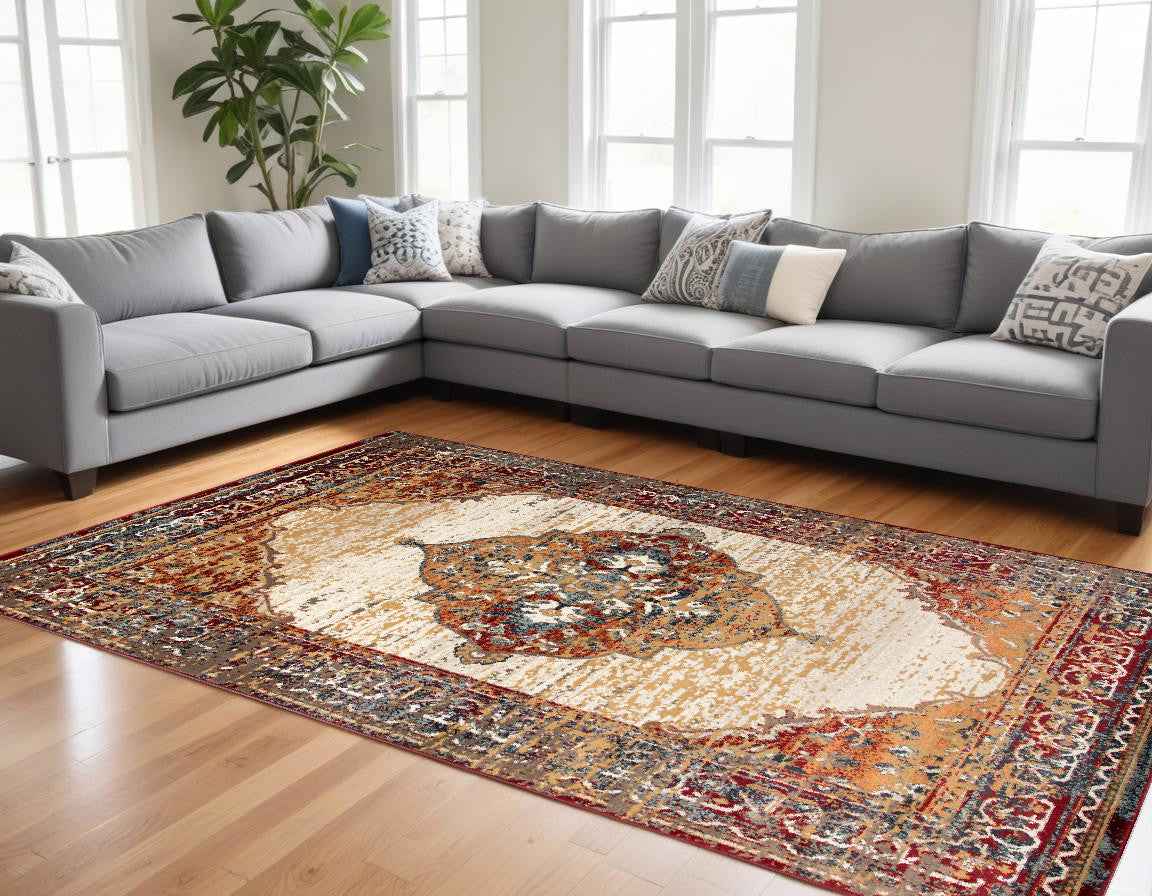 8 x 10 Ivory Red & Orange Medallion Power Loom Rug