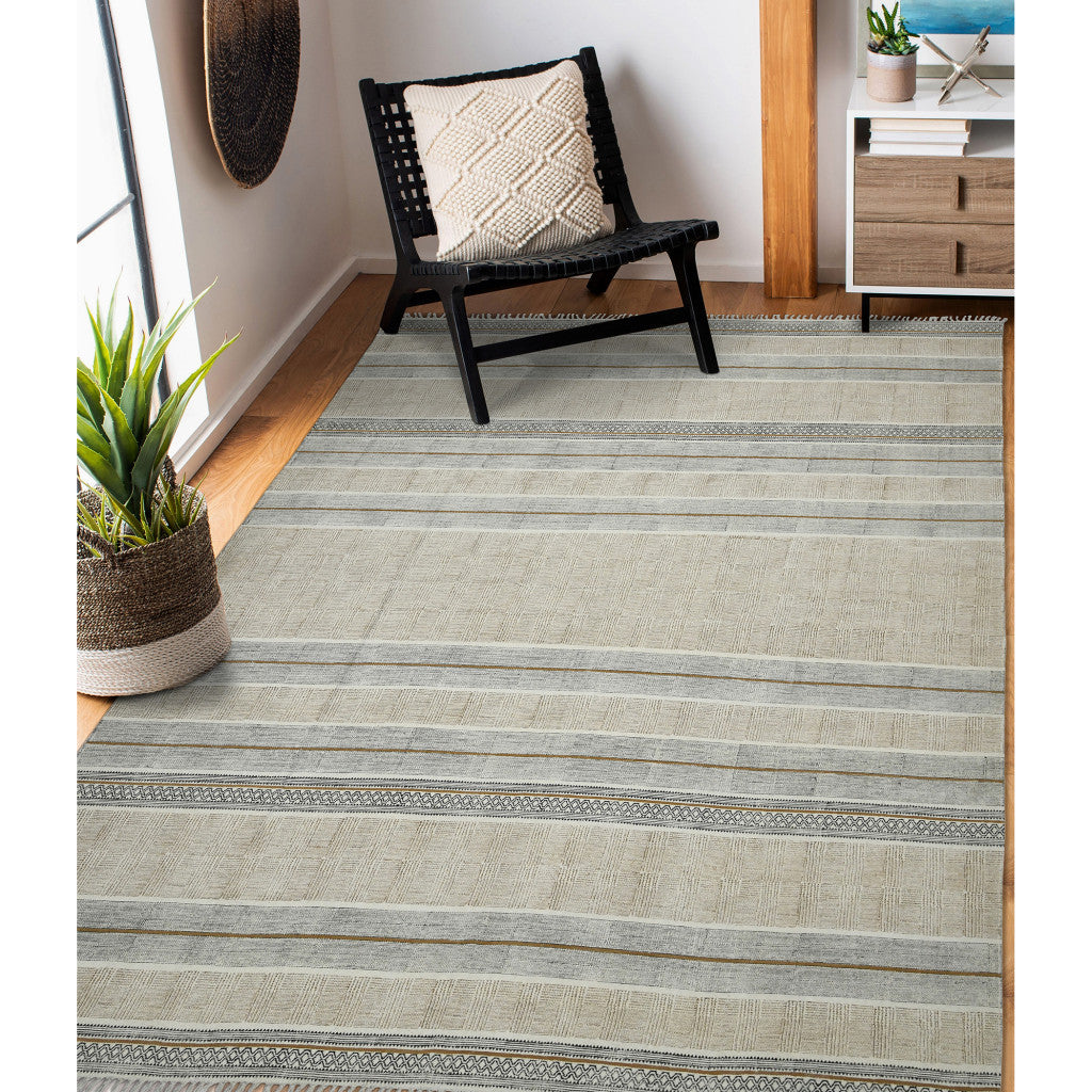 8 X 12 Brown Geometric Flatweave Handmade Distressed Rug With Fringe