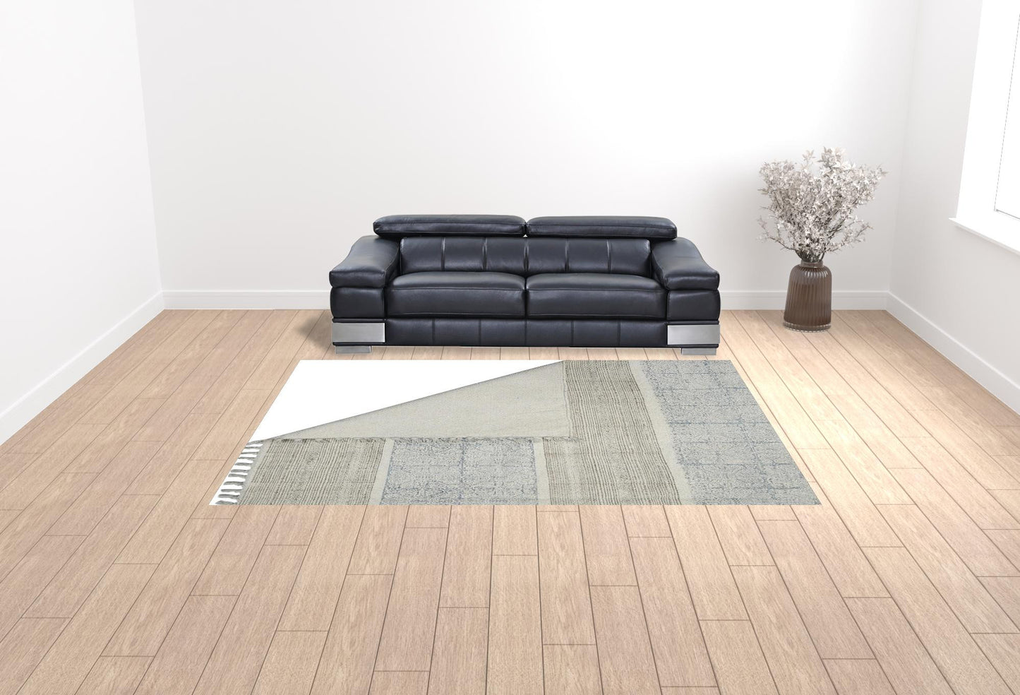 8 X 12 Blue Oriental Flatweave Handmade Distressed Rug With Fringe